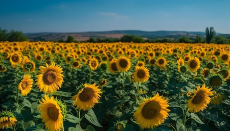 A breathtaking view of a vast sunflower field bathed in sunlight against a clear blue sky.の写真素材