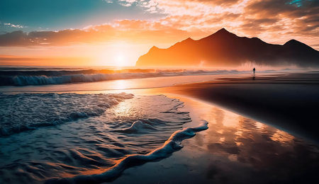 Sunset over a tranquil beach. A solitary figure walks along the shore.の写真素材