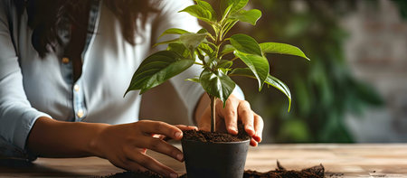 Close-up of a woman gently planting a young plant in a pot.