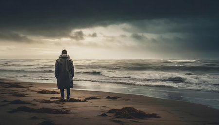 A lone figure stands on a beach, gazing at a turbulent sea under a dramatic sky. The scene evokes a feeling of contemplation and solitude.の写真素材