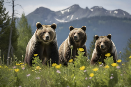 Three majestic grizzly bears stand in a vibrant mountain meadow.の写真素材