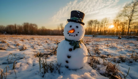 A charming snowman in a snowy field at sunset.の写真素材