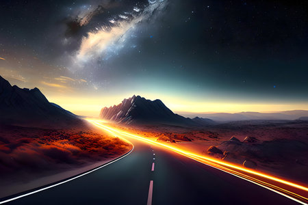 A winding road through a desert, illuminated with starlit skies and a breathtaking galaxy above.の写真素材