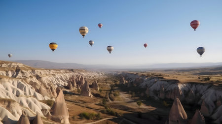 Hot air balloons soar over Cappadocia's unique landscape.