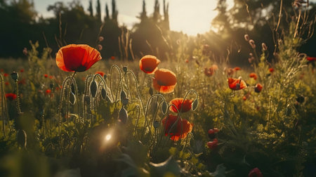 Red poppies bathed in golden sunset light. Serene nature scene.の写真素材