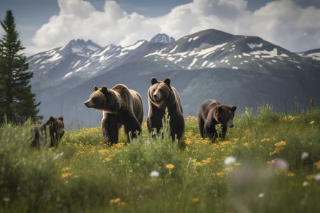 Grizzly bear family in a stunning mountain meadow. Breathtaking wildlife scene.の写真素材