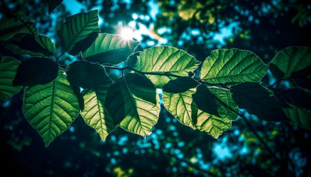 Close-up of sunlit green leaves, showing nature's beauty.の写真素材