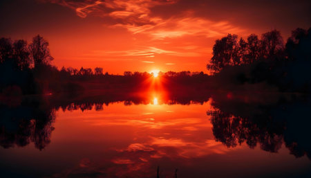 Stunning sunset reflecting on a calm lake. Trees silhouetted against a fiery sky.の写真素材