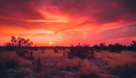 Stunning sunset painting the sky with fiery hues over a vast grassland.の写真素材