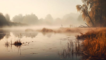 Serene autumn morning, mist over calm river, golden light.の写真素材