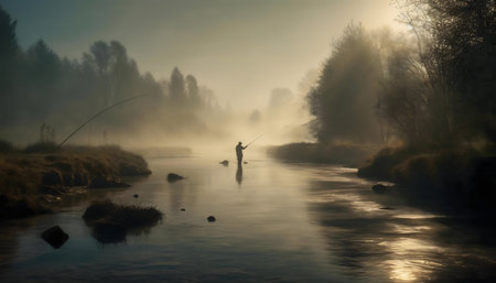 Fisherman on a river at dawn. Misty, calm atmosphere.