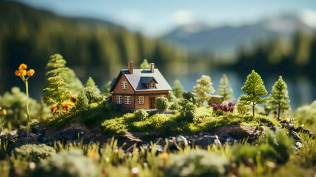 A tiny house model sits amidst a lush miniature landscape, reflecting a serene mountain lake setting.の写真素材