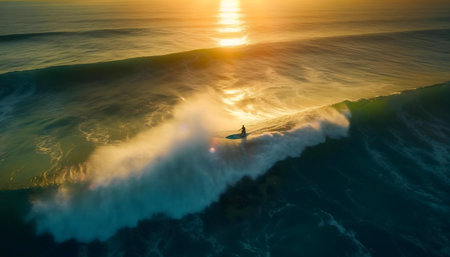 Surfer rides a massive wave at sunset. Epic aerial shot.の写真素材