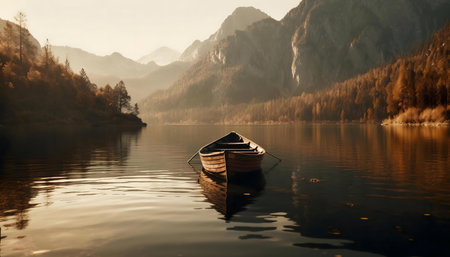 A wooden boat sits still on a calm lake reflecting mountains at sunrise. Peaceful autumn scene.の写真素材