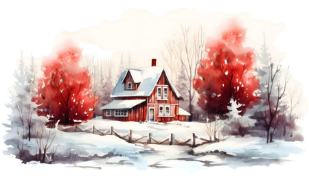 A watercolor painting of a red house nestled in a snow covered forest during winter.の写真素材