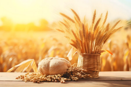 A rustic still life featuring a loaf of bread, wheat stalks in a basket, and a sun-drenched field background.の写真素材