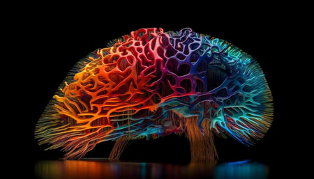 A mesmerizing 3D rendering of a colorful brain, showing intricate details and vibrant hues.の写真素材