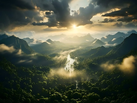 Stunning sunrise over a misty river winding through a lush green mountain valley.の写真素材