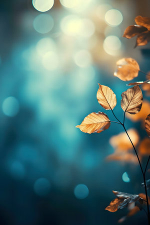 Golden autumn leaves on a branch, serene teal backgroundの写真素材