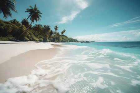 Stunning tropical beach with palm trees, clear water, and white sand.の写真素材