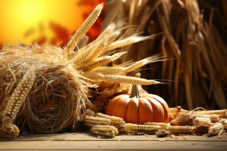 A rustic autumn scene with a pumpkin, hay, and corn.の写真素材