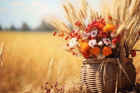 A wicker basket filled with flowers and wheat stalks, set against a sunlit field.の写真素材