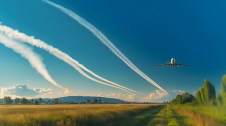 Airplane ascending, leaving contrails against a vibrant sky. Rural scenery below.の写真素材