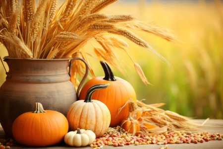 A beautiful autumn still life featuring pumpkins, wheat, and corn. Warm colors and rustic elements evoke the feeling of harvest season.の写真素材