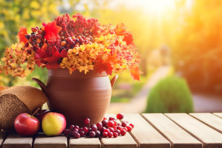 Rustic autumn still life with fall flowers, apples, and grapes.の写真素材