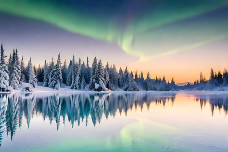 Stunning aurora borealis over a tranquil winter lake. Snowy trees and their reflections create a magical winter wonderland.の写真素材