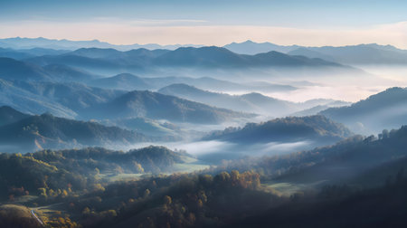 Misty mountains at sunrise. Serene landscape