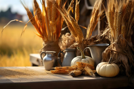 Rustic autumn harvest scene with pumpkins, corn, and metal pitchers.の写真素材