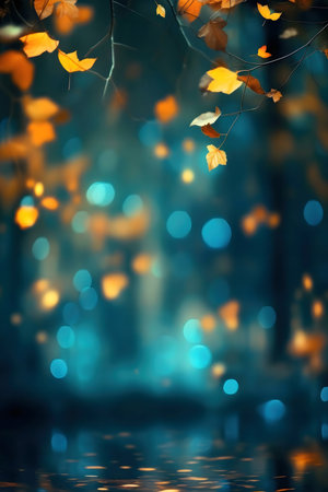 Autumn leaves and a tranquil reflection in a mysterious forest.の写真素材