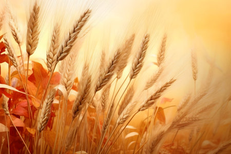 Golden wheat field bathed in sunset light. Autumn harvest scene.