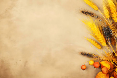 Beautiful autumnal scene with golden wheat and fall leaves. Perfect for Thanksgiving or seasonal decor.の写真素材