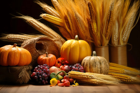 A Thanksgiving still life featuring pumpkins, corn, grapes, and wheat.