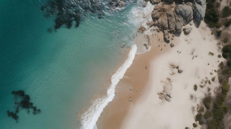 Stunning aerial shot of a tranquil beach with crystal-clear turquoise water.の写真素材