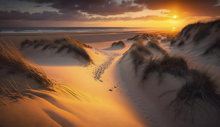 Golden sunset over coastal dunes, footprints in the sand.の写真素材