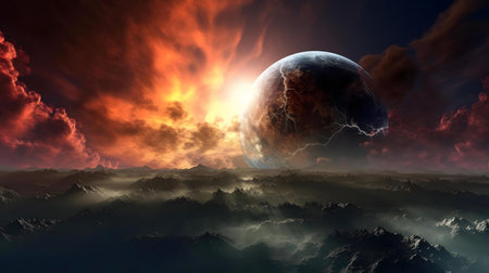 A digital painting depicting a fiery planet above a mountain range. Dramatic, apocalyptic scene.