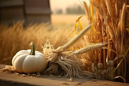 A white pumpkin rests amidst golden wheat stalks, capturing the essence of autumn's harvest.の写真素材