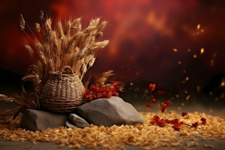 A rustic still life showcasing a harvest theme. Wheat in a wicker basket sits on stones, surrounded...