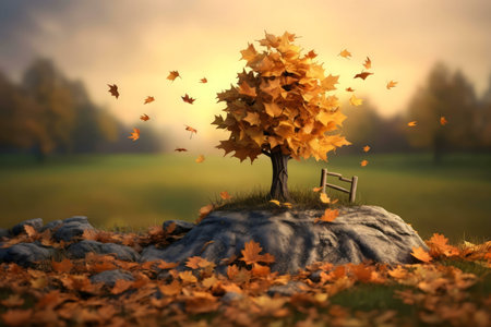 A solitary tree with golden leaves stands on a rock, autumn leaves scattered around. Peaceful scene.の写真素材