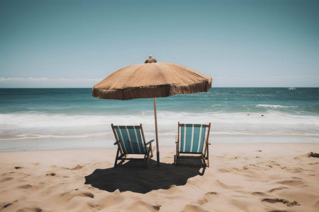 Two beach chairs sit under a thatched umbrella on a sunny beach overlooking the ocean. Relaxation and tranquility.の写真素材