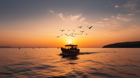 A boat glides across calm waters during a vibrant sunset, birds soaring above.