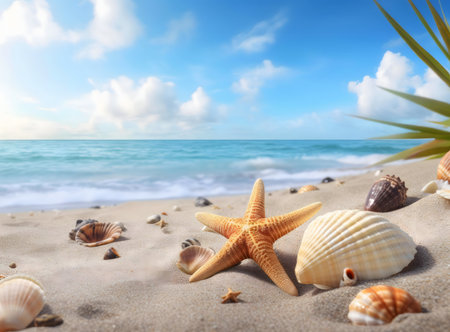 Starfish and seashells on sandy beach, sunny day