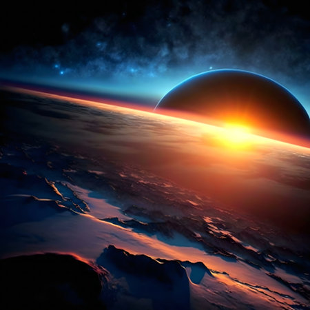 Alien planet sunrise with stunning mountains