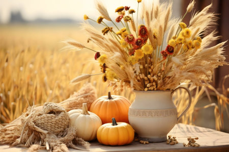 A rustic autumn scene featuring pumpkins, a wheat and flower arrangement, and warm colors.の写真素材