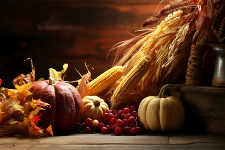 A rustic autumn harvest scene with pumpkins, corn, and grapes.の写真素材