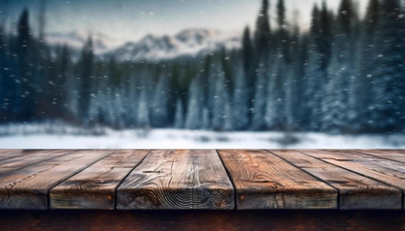 A rustic wooden table in front of a snowy mountain and forest scene. Perfect for winter themed designs.の写真素材
