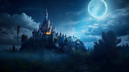 A majestic castle sits atop a hill, bathed in the ethereal glow of a full moon. A scene of magic and wonder.の写真素材